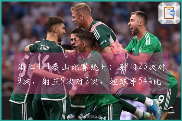 浙江4-1泰山比赛统计：射门23次对9次，射正9次对2次，控球率54%比46%
